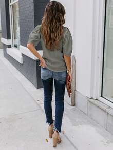 Women's Solid Short Sleeve Blouse Summer Crew Neck Casual Tops Fashion Puffed Sleeve Shirt