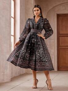 女式复古花卉印花荷叶边领口网眼灯笼袖连衣裙