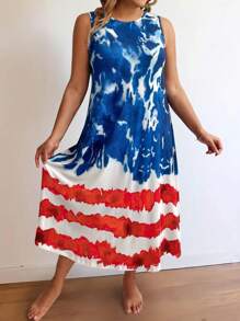 SHEIN LUNE Plus Size Women Summer Tie-Dye Printed Round Neck Sleeveless Casual Dress