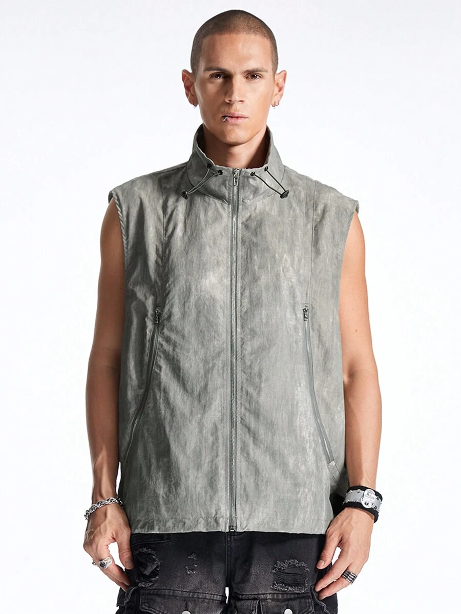 Manfinity NXTstreet Men's Stand Collar Zipper Closure Solid Color Casual Vest, For Fall Winter - Grey - View 1