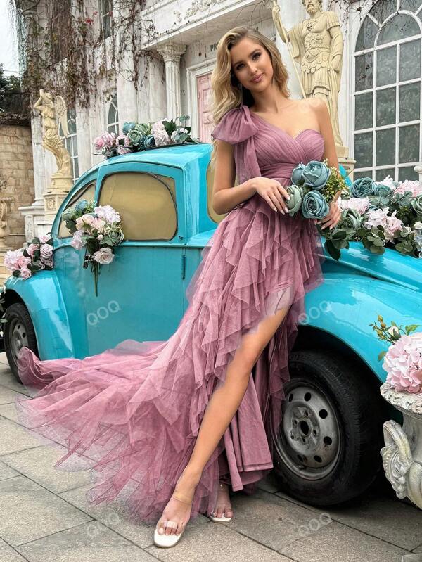 QOQ Simple Elegant Women Solid Color Asymmetric Neckline Sleeveless Formal Dress For Evening Party, Birthday Party, Graduation Ceremony, Prom, Galas