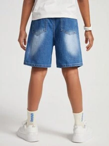 SHEIN Tween Boys Casual Street Style Lightning Print Design Washed Straight Leg Blue Denim Shorts