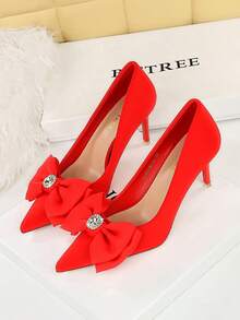 18249-AH33 Korean Style Party High Heels, Pointed Toe Stilettos With Bow Knot, Low Vamp Silk Shoes For Wedding - Red - View 4