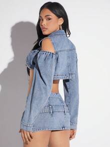 SHEIN Unity Denim Crop Jacket & Mini Skirt Two Pieces Set - Light Wash - View 2