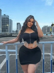 Maweii Bandeau-Top mit Reißverschluss vorne und Fransen in Große Größen sowie Strick-Bodycon-Rock im Set - Schwarz - Übersicht 4