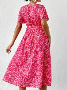 RueChic Women Summer Vacation Floral Print Overlapping V-Neck Ruffle Short Sleeve Elegant Dress - Pink - View 2