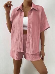 SHEIN LUNE Conjunto de camisa de manga corta y shorts de textura sólida para ocio o vacaciones - Rosa - Ver 1