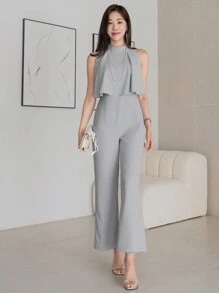 DAZY Women Summer Halter Jumpsuit With Ruffle Hem And Wide Leg Women Rompers - Blue - View 6
