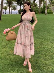DAZY Women French Style Chiffon Printed Halterneck Dress Sundress