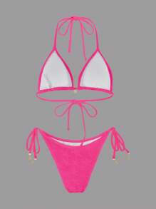Swim Mod Summer Beach Women's Solid Color Halter Neck Bikini Set - Hot Pink - View 2