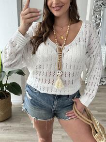 Calvaya Plus Size Solid Color Hollow Knitted Long Sleeve Sweater For Holiday And Leisure, Fall Winter - White - View 4