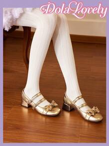 Dola Lovely Women's Bow Knot Printed Mary Jane Shoes With Heart-Shaped Double Straps And Buckle Detail, Fashionable High Heel Pumps