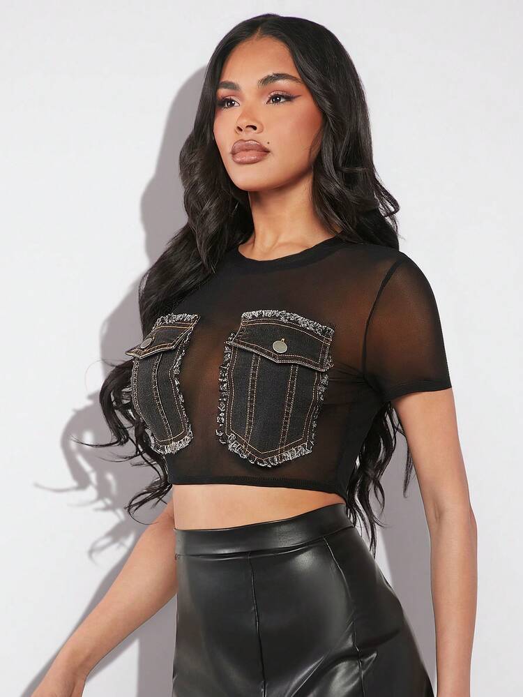 Women Sexy Mesh Paneling Short Cropped Top With Pocket For Summer