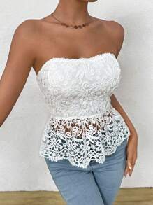 Breezaya Áo ren Bandeau màu trơn cho nữ dùng cho trang phục dự tiệc ngày lễ - trắng - Xem 2