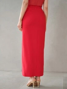 MOTF PREMIUM SOLID STEREO FLOWER DETAIL SPLIT THIGH SKIRT - Red - View 9
