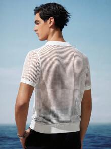 AKNOTIC Business Casual Men's Crochet Knit Summer V-Neck Polo Shirt In White
