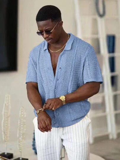 Manfinity Homme Suéter de Malha de Manga Curta Casual Masculino com Estilo de Férias de Praia Simples, Primavera/Verão