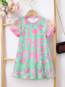 SHEIN 年輕女孩休閒短袖網紗連衣裙，印有字母圖案，可愛的夏季公主裙 - 綠色 - 查看 1