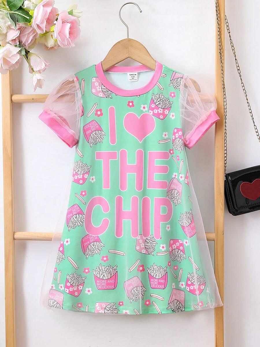 SHEIN 年輕女孩休閒短袖網紗連衣裙，印有字母圖案，可愛的夏季公主裙 - 綠色 - 查看 1