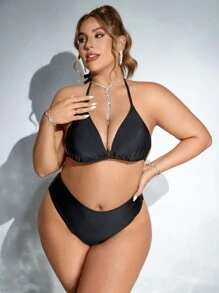 Swim EVENT 大尺碼女性夏季海灘純色領口比基尼套裝＆長袖防曬連身裙