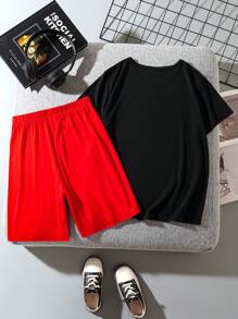 SHEIN Tween-Jungen Set mit einfachem weißen T-Shirt mit kurzen Ärmeln und Shorts mit Sportwagenmuster für den Sommer geeignet