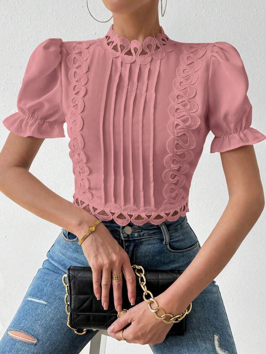 SHEIN Privé Women Summer Solid Color Stand Collar Short Puff Sleeve ...