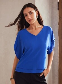 MOTF Classy SOLID V-NECK D-RING DETAIL BATWING SLEEVE BLOUSE