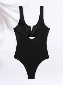 SHEIN X SAMADHI SHEIN Swim 純色中空連體泳衣 - 黑色 - 查看 2