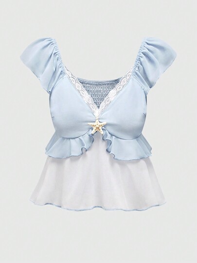 Fairycore Women Summer Elegant Lace Patchwork Cap Sleeve Blouse With Ruffled Hem