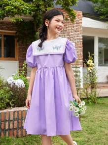 SHEIN Tween Girl Loose Casual Color-Block Embroidered Big Lapel Puff Sleeve Dress