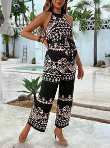SHEIN Maternity Full-Print Halter Neck Backless Sleeveless Jumpsuit For Summer - Black - View 1