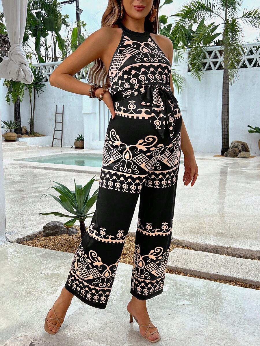 SHEIN Maternity Full-Print Halter Neck Backless Sleeveless Jumpsuit For Summer - Black - View 1