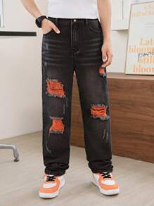 SHEIN Tween Boy Casual Fashion Colorful Ripped Frayed Straight Leg Black Denim Jeans - Black - View 5
