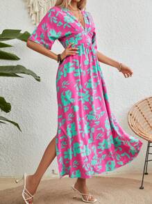 SHEIN LUNE 女士花卉印花V領蝙蝠袖短袖側開叉擺高雅連衣裙，適合度假 - 玫紅色 - 查看 6