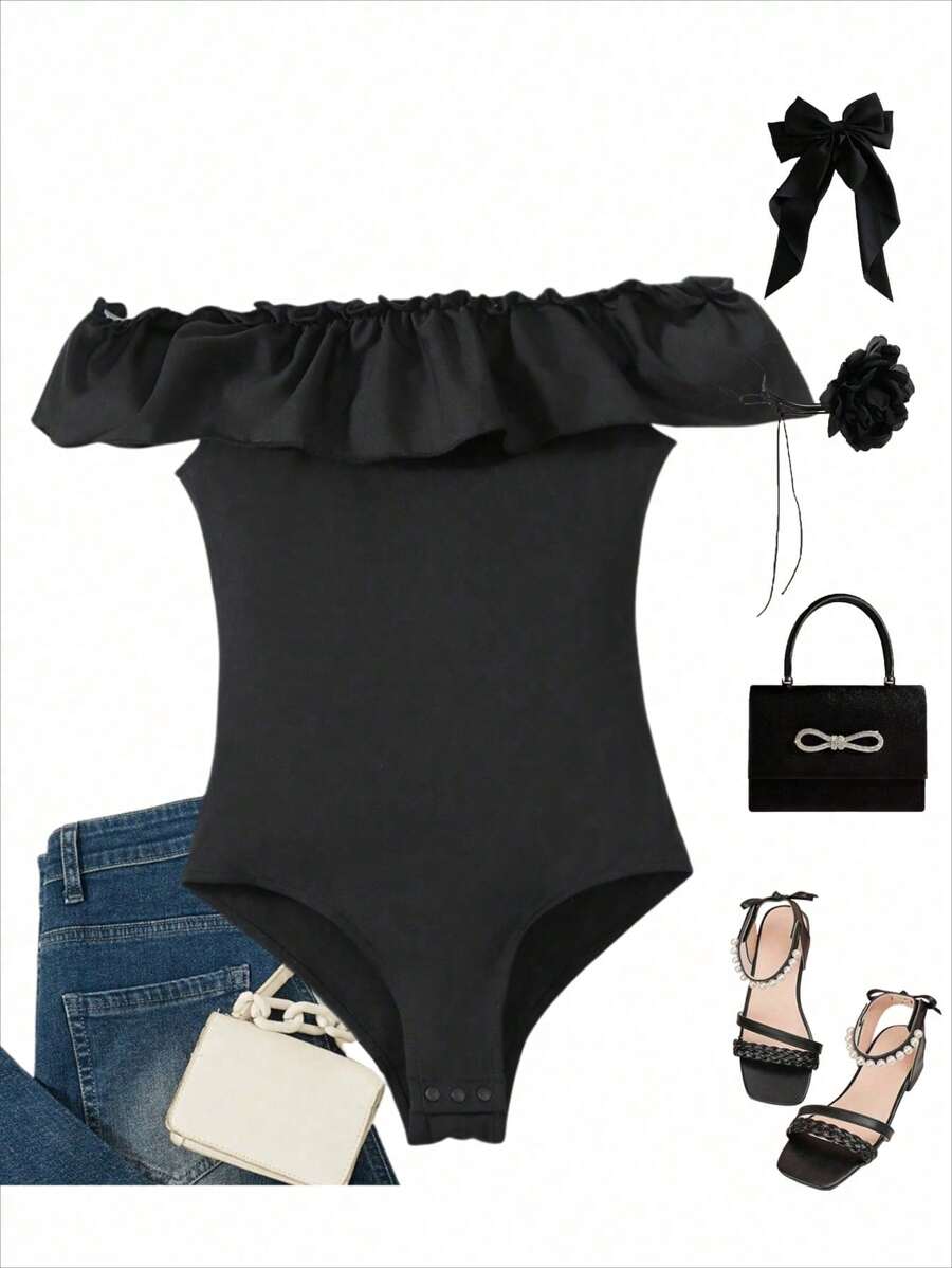Ruffle Rim Off Shoulder Bodysuit - Black - View 1