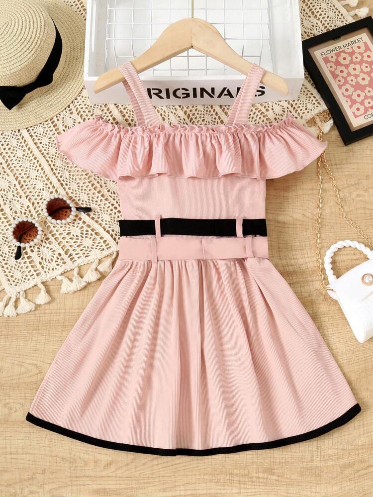 Girls' New Sweet Black & Pink Color Block Spaghetti Strap Off Shoulder Dress With Double Waist Belt