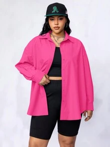 SHEIN EZwear CURVE 女式加大尺碼拼色休閒襯衫，背心上衣和單車褲三件套裝 - 玫紅色 - 查看 3