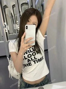 Retro American Letter Print Short Sleeve T-Shirt, Minimalist Design, Slim Fit Casual Top Suitable For Summer