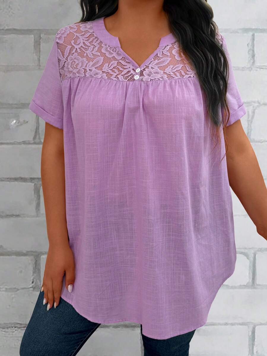 EMERY ROSE Plus Size Women's Summer Purple Notch V-Neck Patchwork Lace Loose Linen Shirt - Lilac Purple - View 1