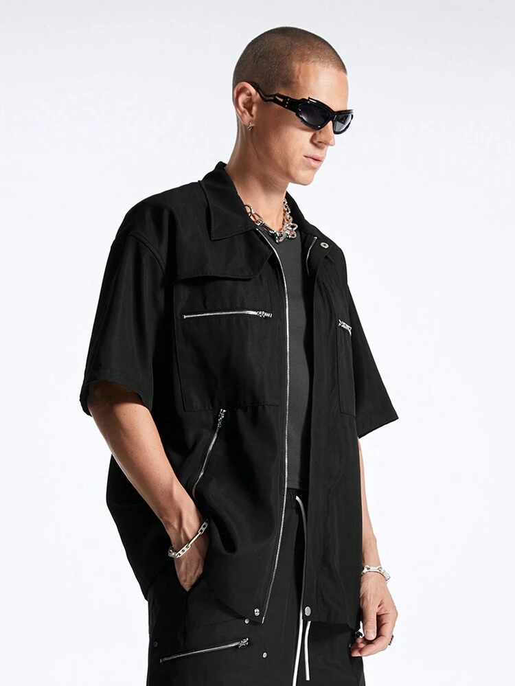 Men's Summer Loose Fit Short Sleeve Casual Shirt With Zipper Design