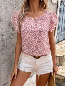 SHEIN LUNE Summer Women Round Neck Leopard Print Shirt With Flutter Sleeves, Khaki - Multicolor - View 6