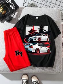SHEIN Tween-Jungen Set mit einfachem weißen T-Shirt mit kurzen Ärmeln und Shorts mit Sportwagenmuster für den Sommer geeignet