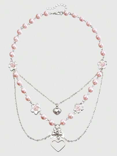 Kawaii 1pc Lady Pink Faux Pearl Heart Multilayer Necklace Valentines,Mom,Mother,Mother's Day,Gift