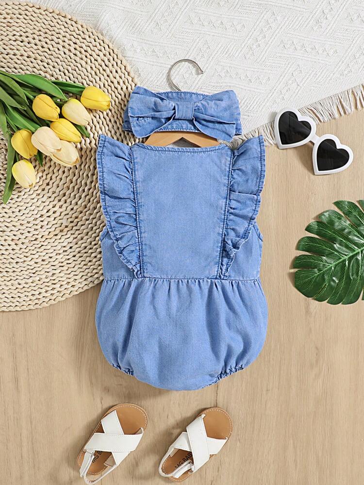 Baby Girls Spring And Summer Comfortable Soft Wash Cute Falbala Casual Baby Denim Effect Bodysuit & Cute Bom Headband