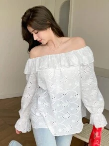 DAZY Camisa suelta de mujer de un solo color con volantes y manga larga, parte superior de hombros descubiertos