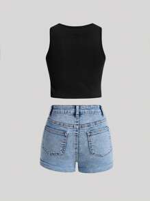 SHEIN Girlism Tween Girl Spring Summer Boho 2 Pieces Solid Tank Top& Stonewashed Distressed Ripped Rolled Up Hem Denim Jeans Shorts Set With Slant Pocket,Summer Girls Clothes Set Outfits