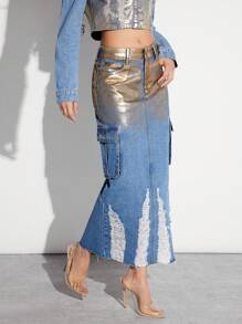 SHEIN Unity 女士金屬質地穿舊的牛仔裙 - 綠色 - 查看 1