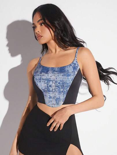 SHEIN Unity Colorblock Crop Sleeveless Denim Top