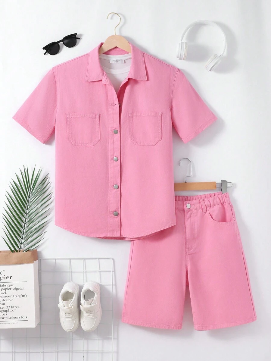 Teen Girls' Casual Loose Fit Pink & Colorful Denim Outfit, Made Of 100% Cotton - Pink - View 1