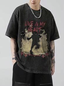 ROMWE MEN Grunge Punk Men's Casual Graphic Print Round Neck T-Shirt, Suitable For Everyday Wear, Spring/Summer, 2000s Style